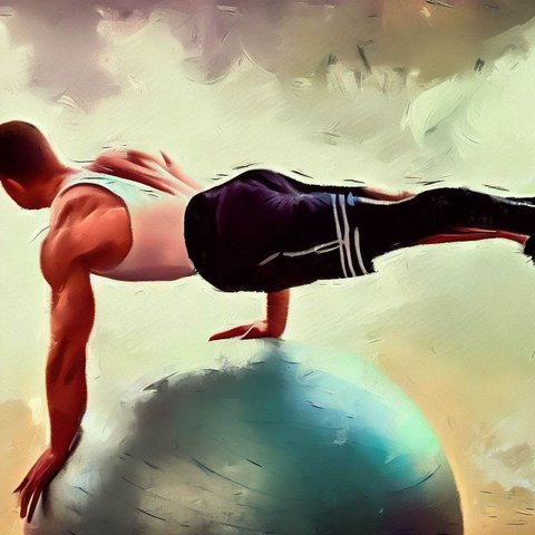 A man doing a plank exercise on a stability ball - Oil painting style