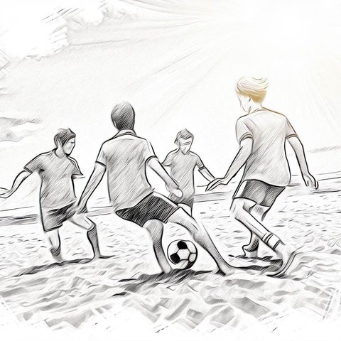A group of friends playing beach soccer on a sunny day - Pencil drawing style