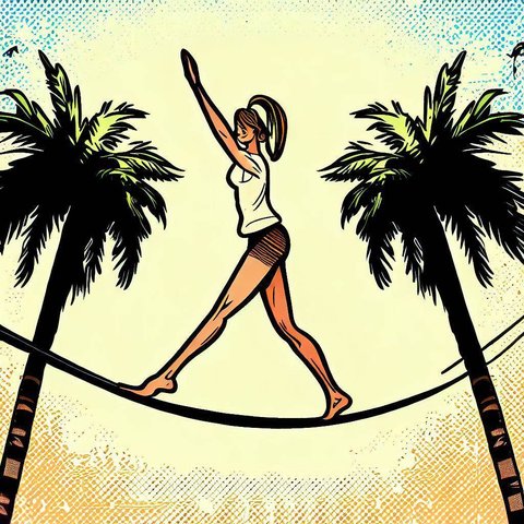A person balancing on a slackline between two palm trees - Comic book style