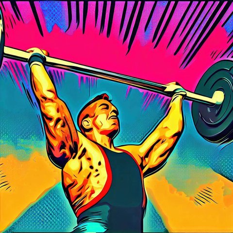 A man lifting a barbell overhead during an Olympic weightlifting competition - Pop art style