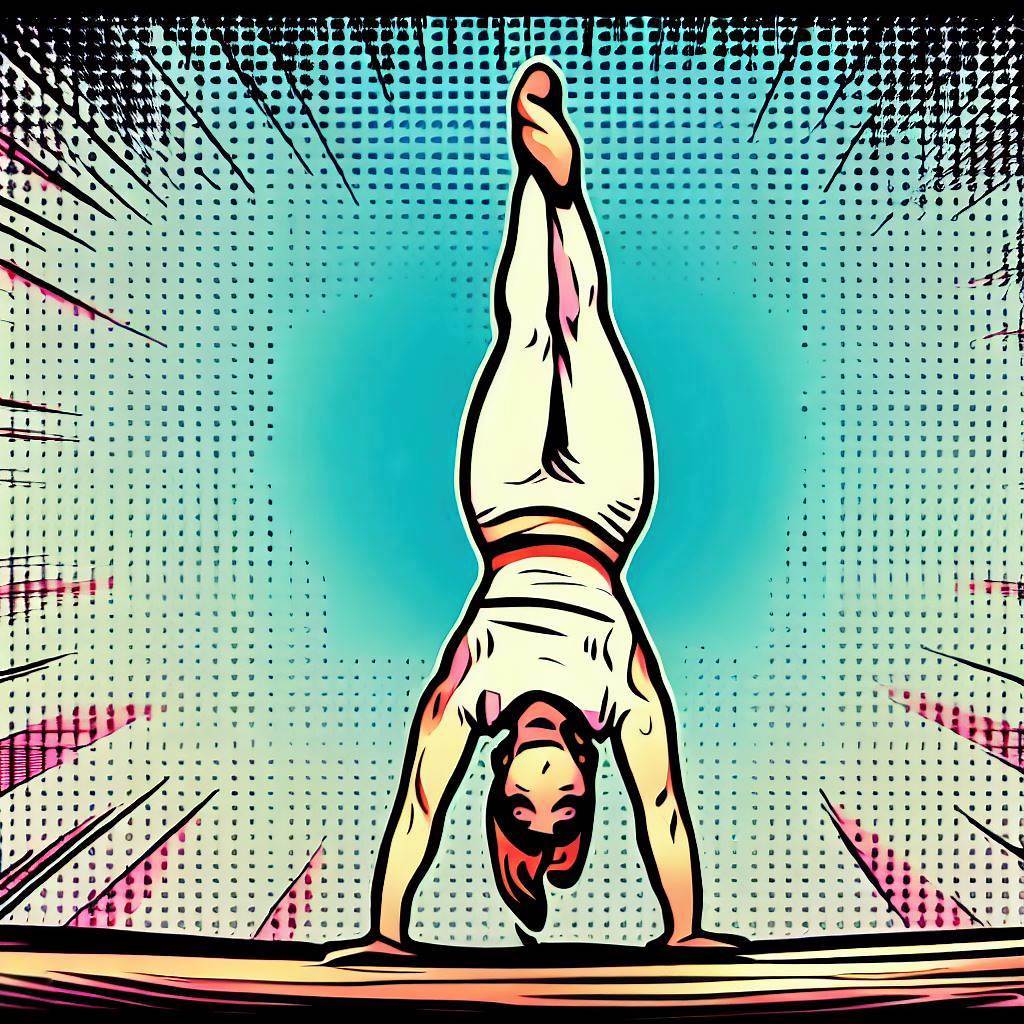 A person performing a handstand on a balance beam - Comic book style