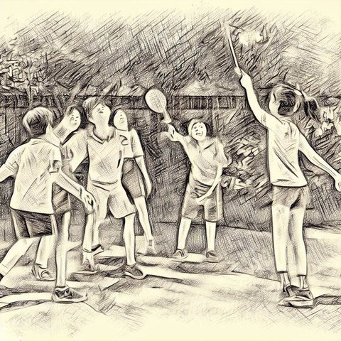 A group of friends playing badminton in a backyard - Pencil drawing style