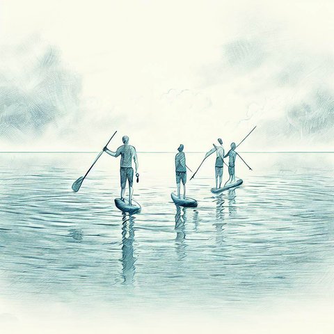 A group of friends paddleboarding on a serene lake - Pencil drawing style