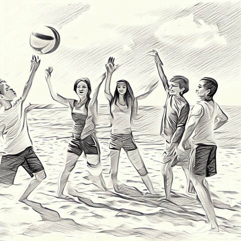 A group of friends playing volleyball on a sunny beach - Pencil drawing style
