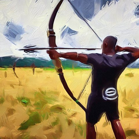 A person practicing archery in a field - Oil painting style