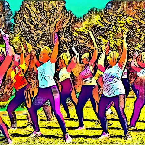 A group of people doing group fitness exercises in a park - Pop art style