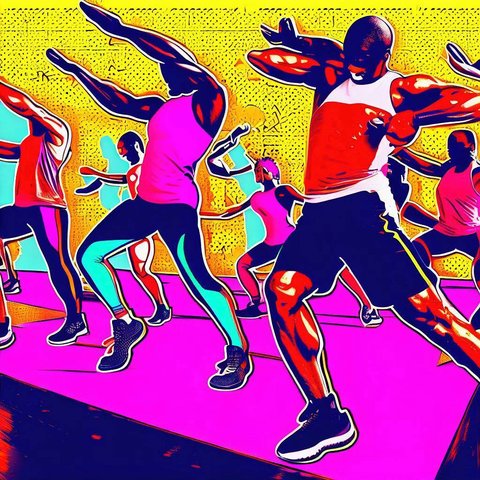 A group of people doing aerobics in a fitness class - Pop art style