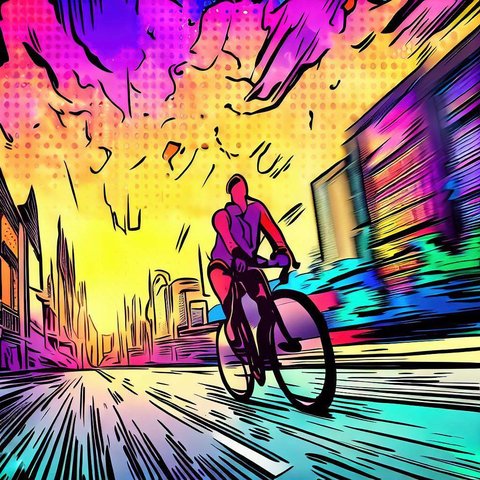 A cyclist riding through a colorful cityscape - Comic book style