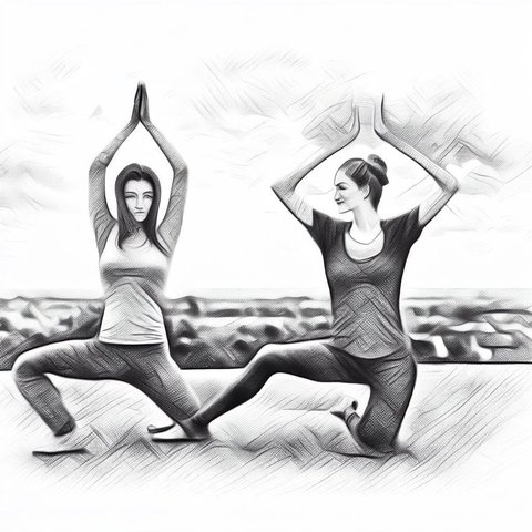 Two friends doing yoga poses on a rooftop - Pencil drawing style