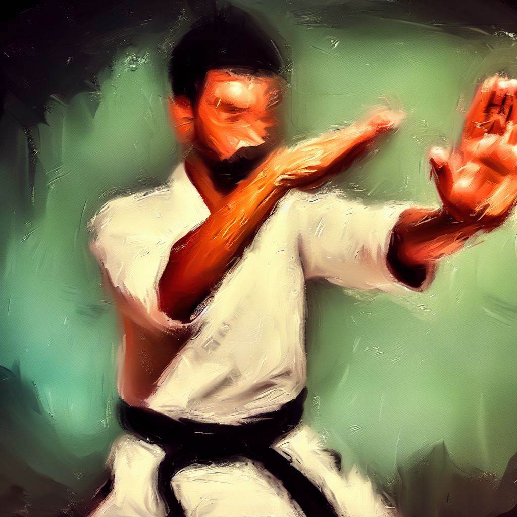 A person practicing karate with intense focus - Oil painting style