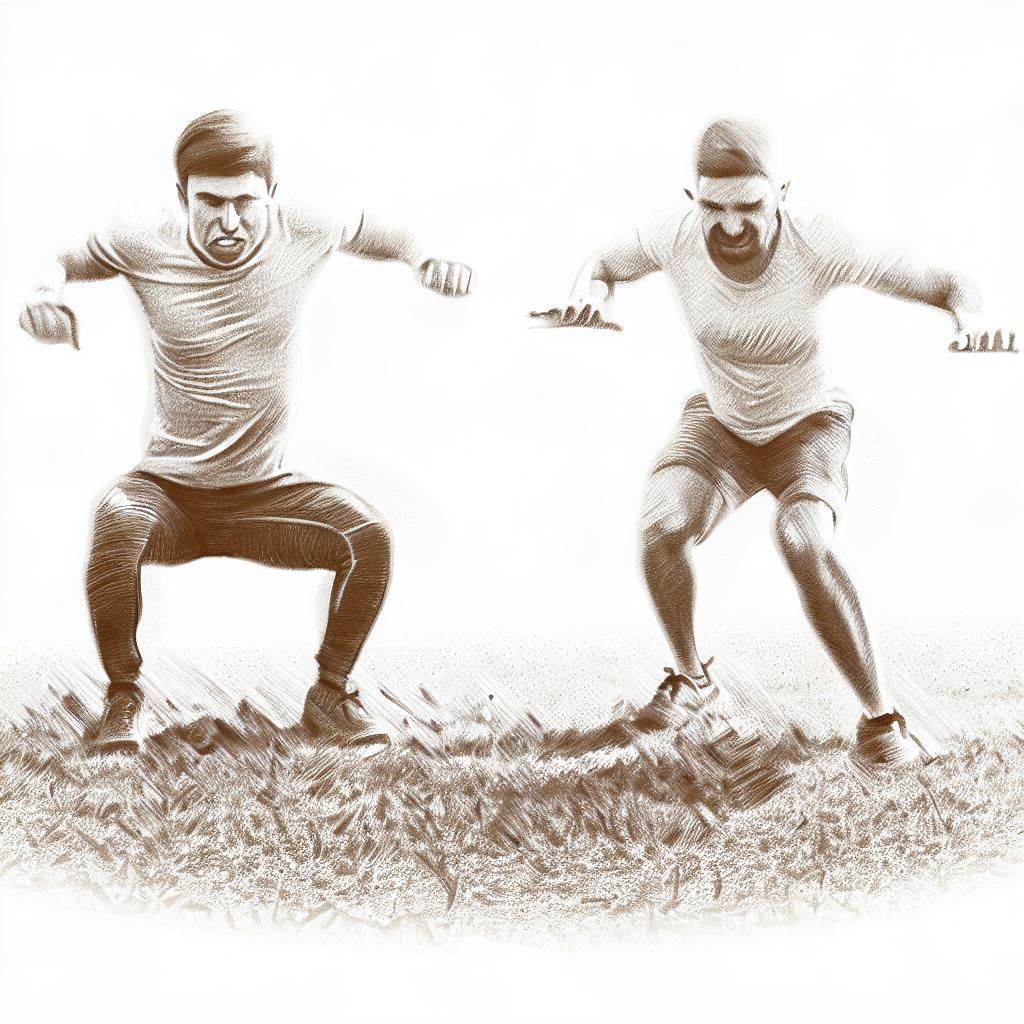 Two friends doing burpees on a grassy field - Pencil drawing style
