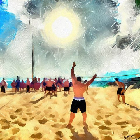Beach volleyball match under the sun - Oil painting style