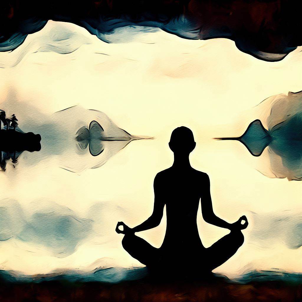 Yoga and meditation by a calm lake - Cave painting style