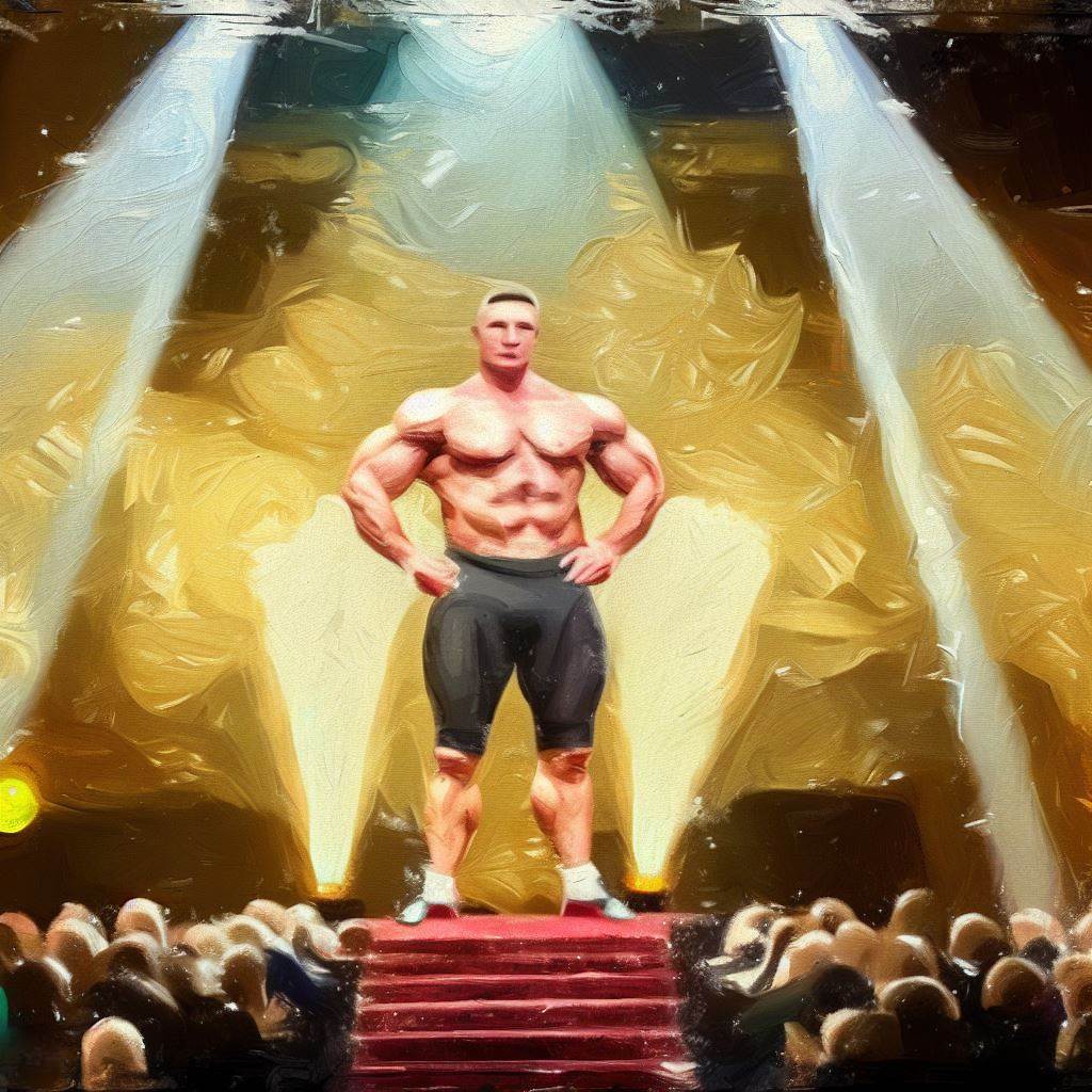 Bodybuilding competition on a grand stage - Oil painting style