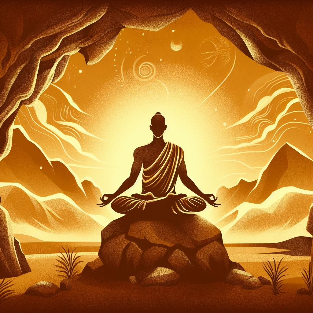 Meditative yoga poses in a desert - Cave painting style