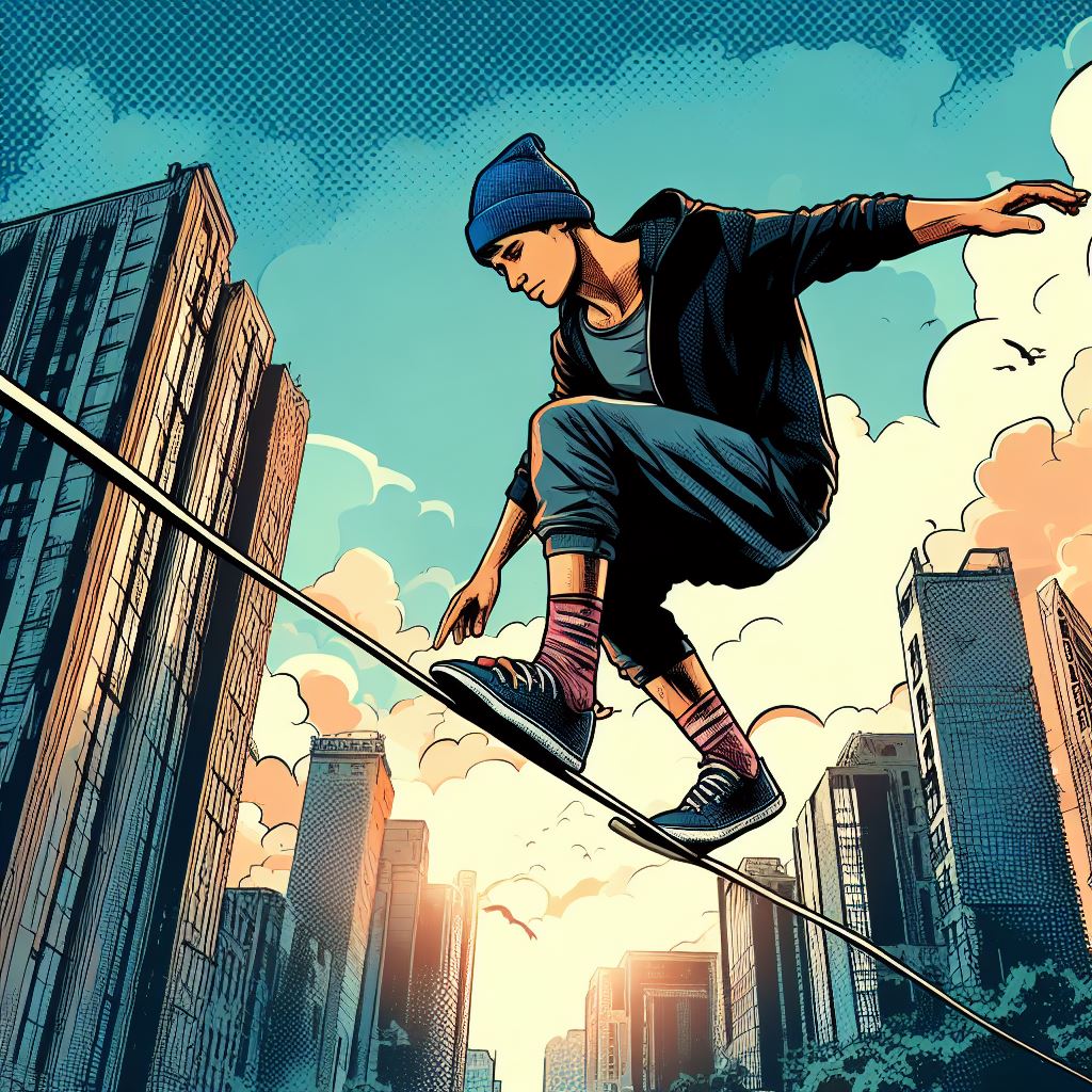 Slackline tricks with urban backdrop - Comic book style