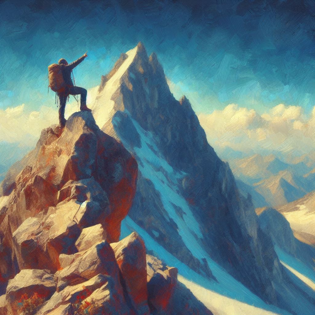 Climber reaching a mountain summit - Oil painting style