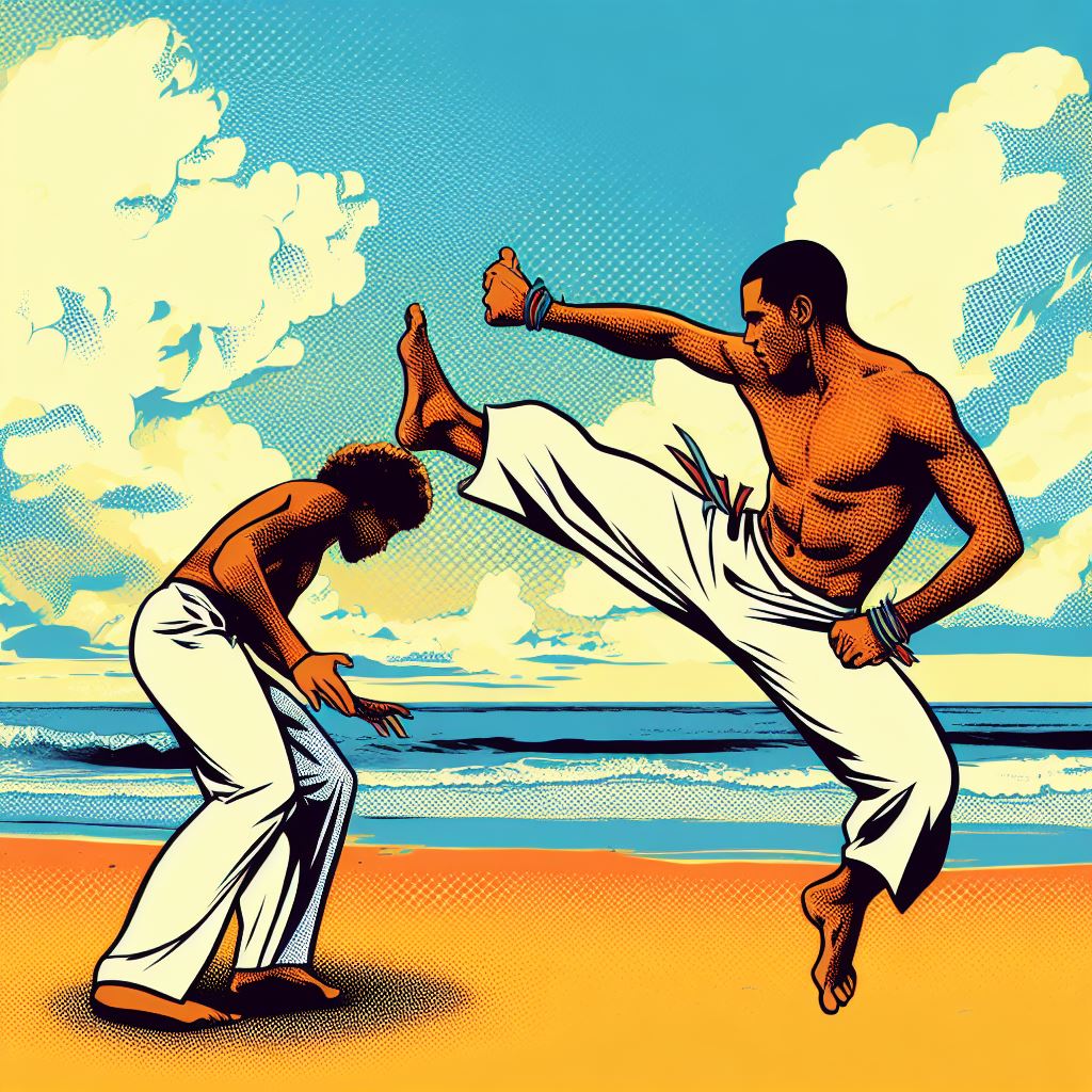 Capoeira performance on a beach - Pop art style