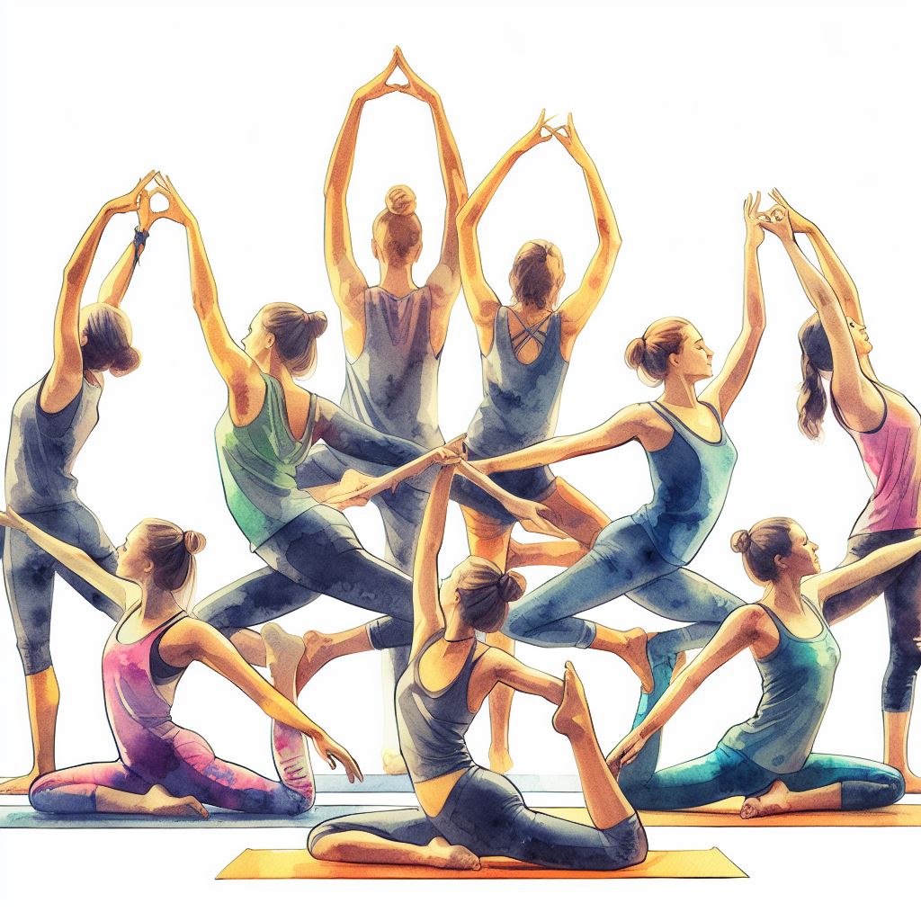A group practicing synchronized yoga - Watercolor style