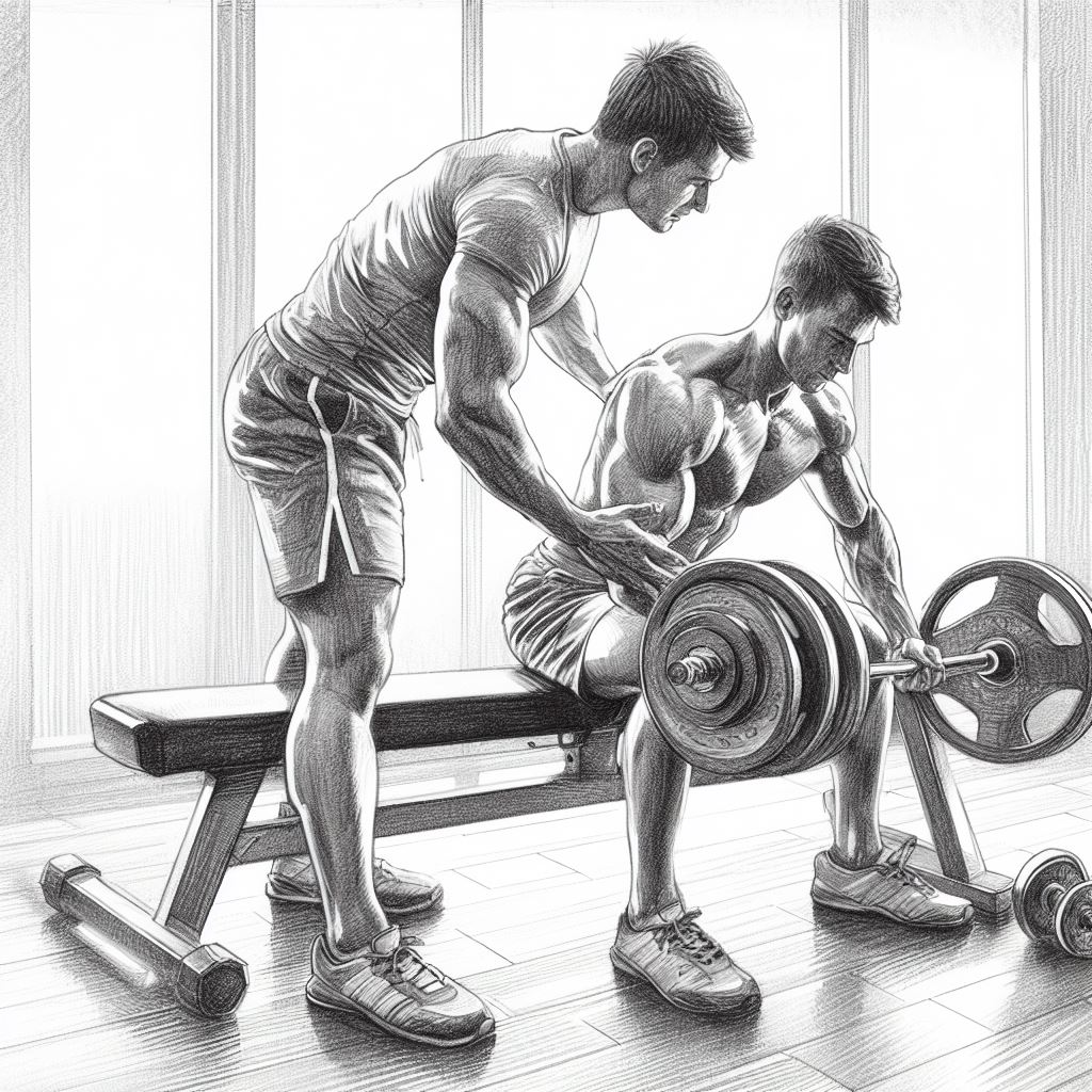 A trainer helping a client with weights - Pencil drawing style