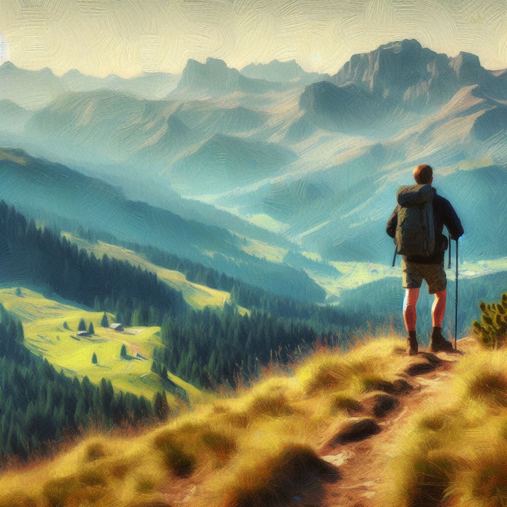 A hiker taking in a scenic view - Impressionism style
