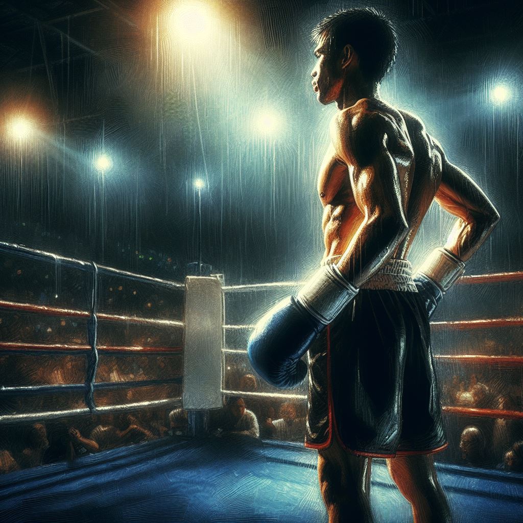 A boxer in the ring with dramatic lighting - Oil painting style