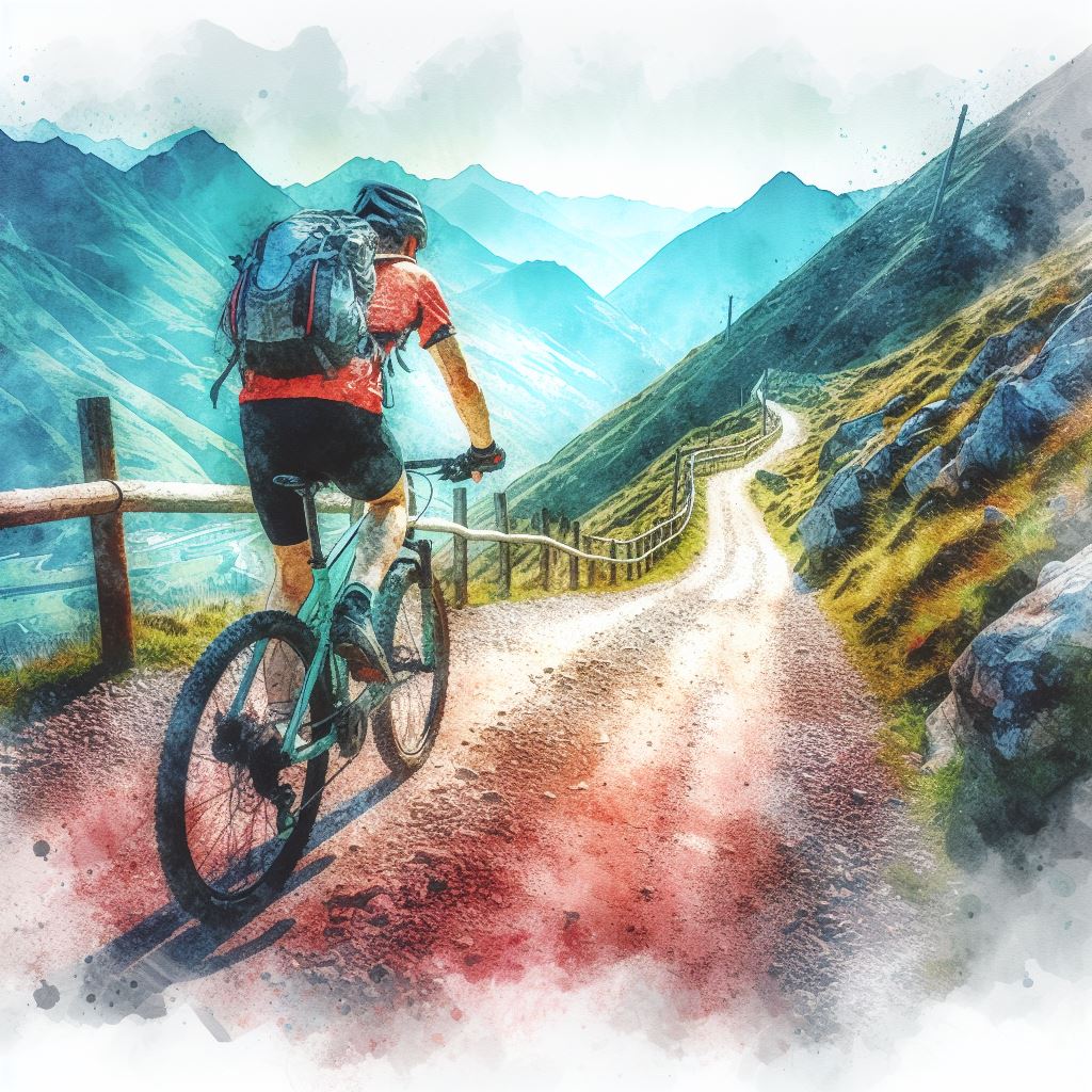A cyclist on a steep mountain descent - Watercolor style