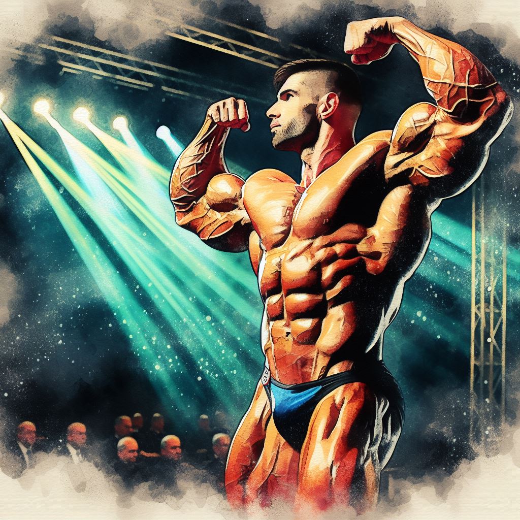 A bodybuilder flexing on stage - Watercolor style