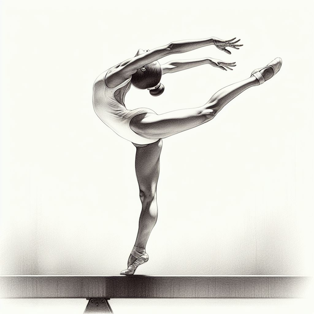 A gymnast gracefully on the balance beam - Pencil drawing style
