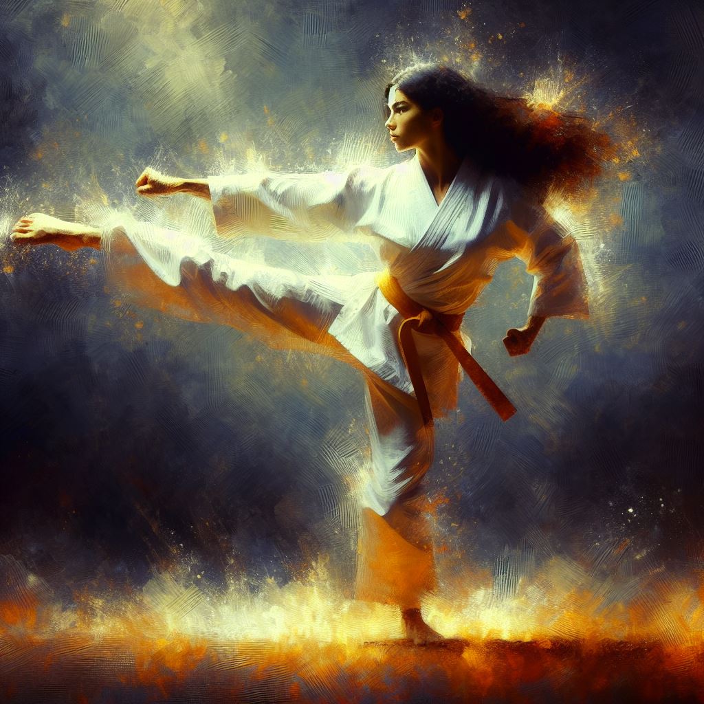 A martial artist in a striking pose - Oil painting style