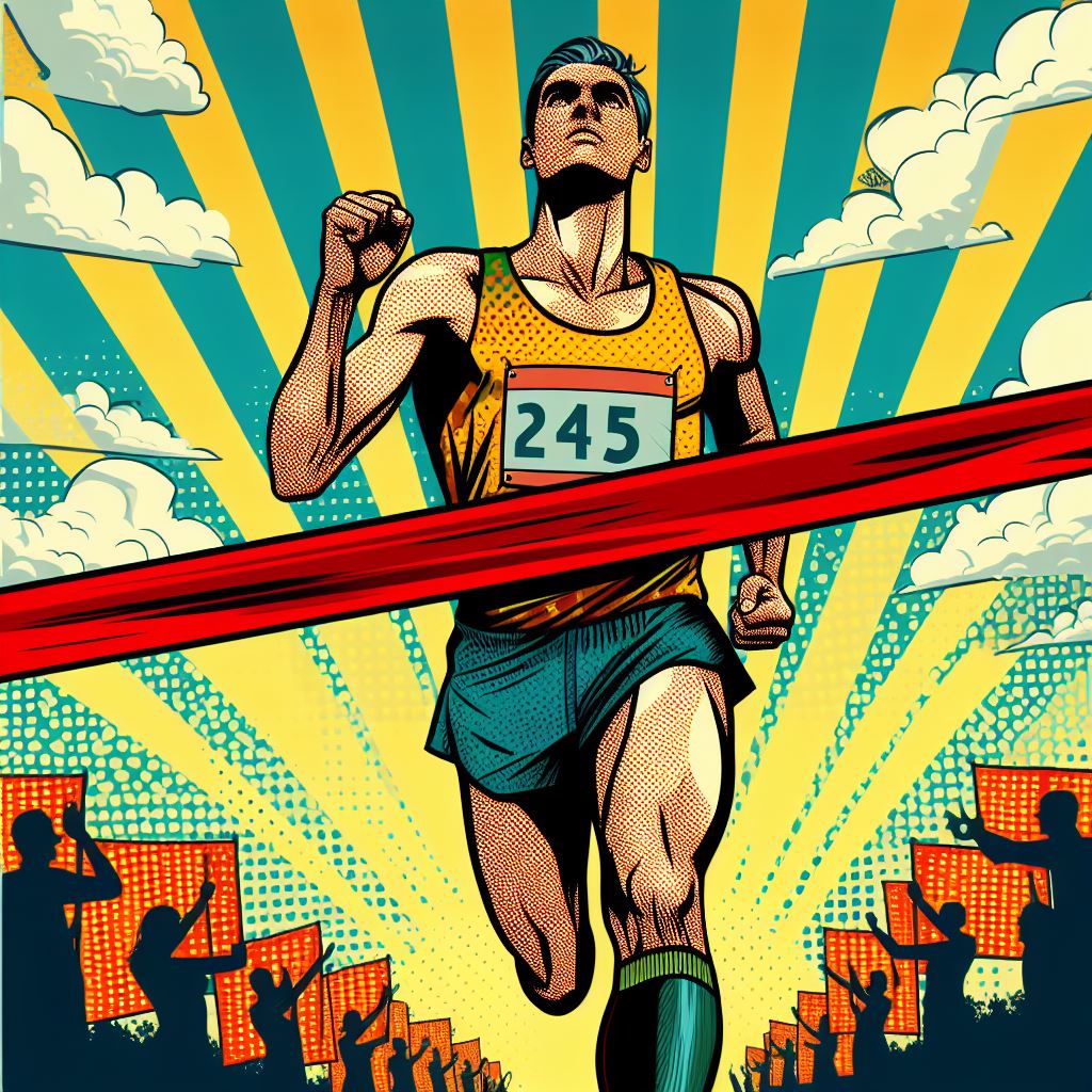 A runner crossing a marathon finish line - Pop art style