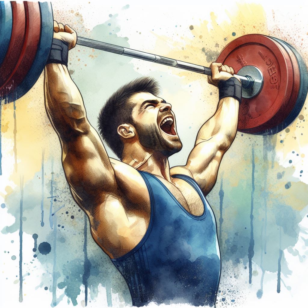A weightlifter with a triumphant expression - Watercolor style