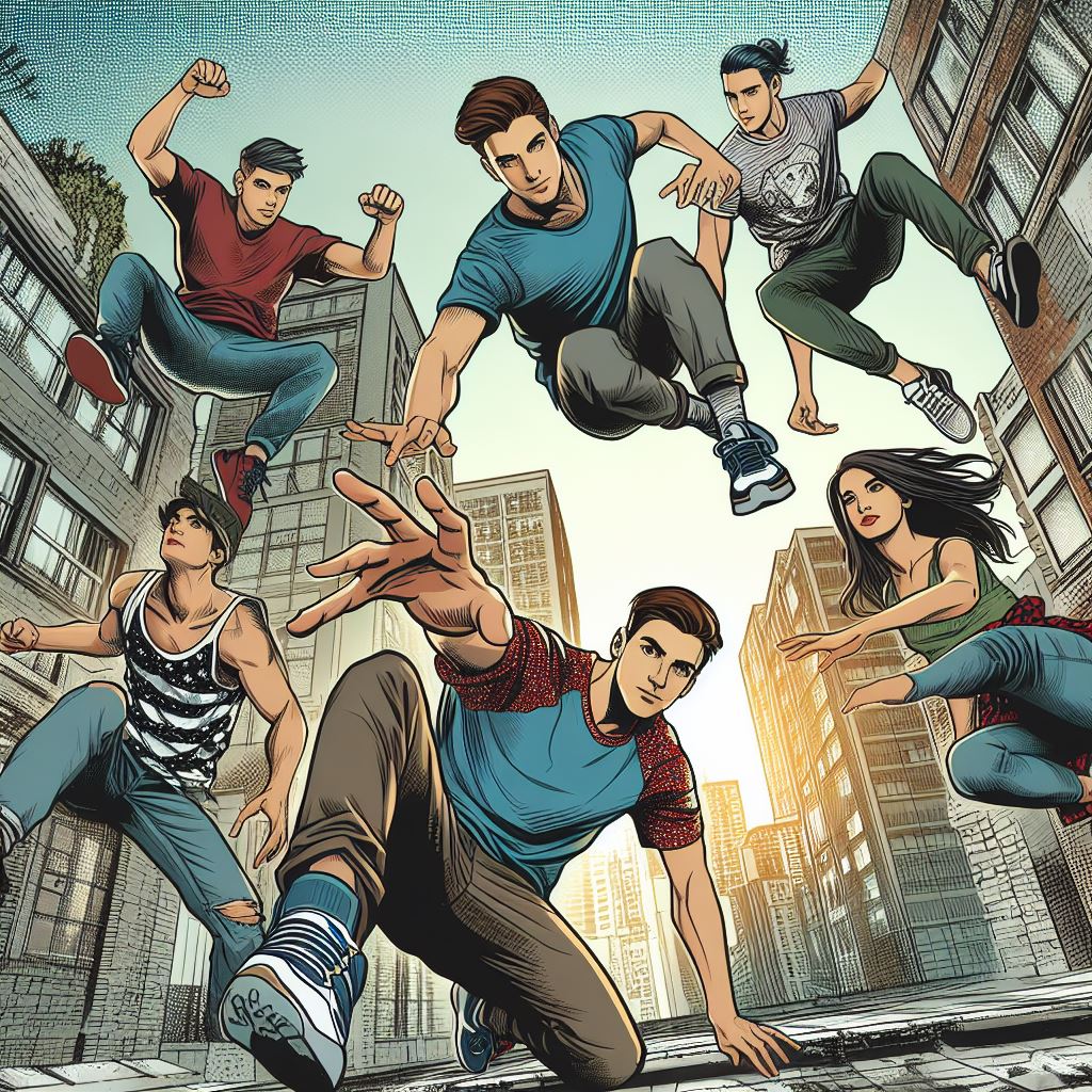 A group of friends doing parkour in an urban environment - Comic book style