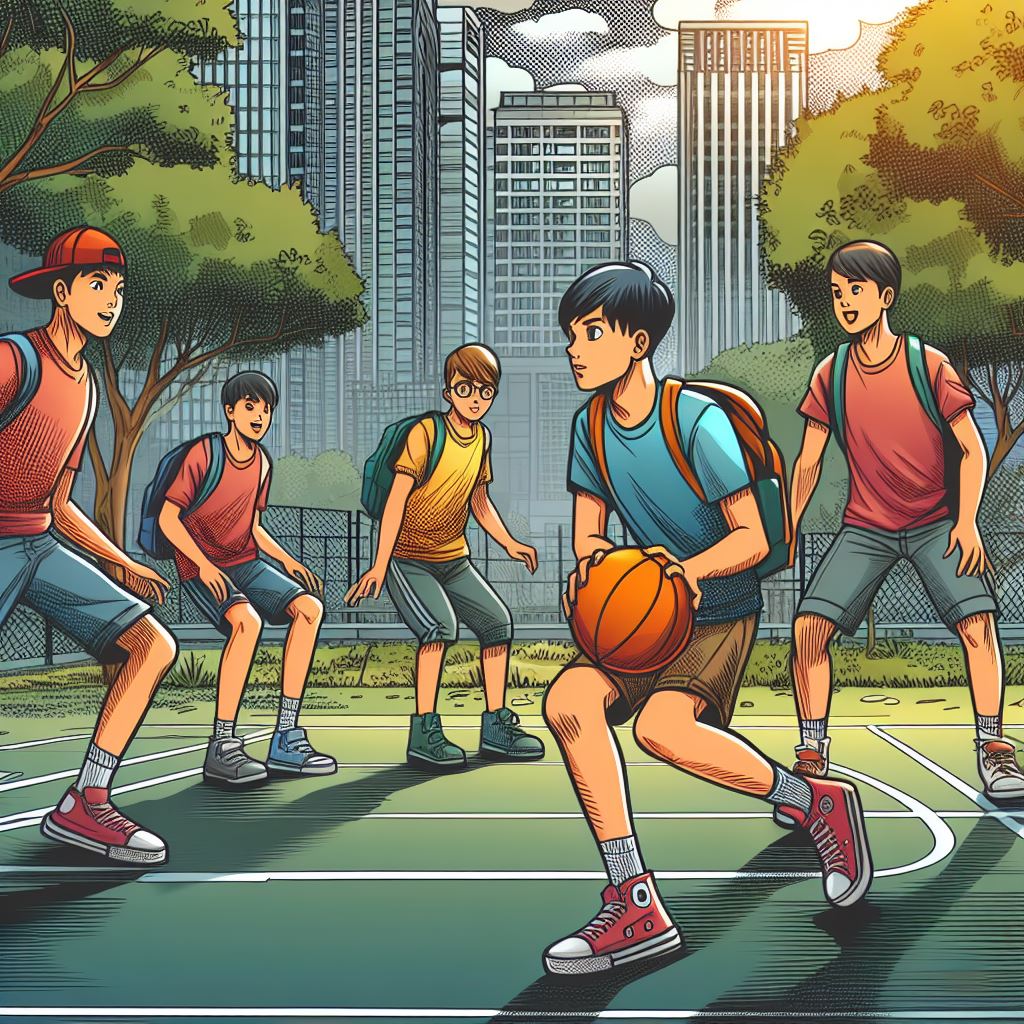 A group of kids playing basketball in a park - Comic book style