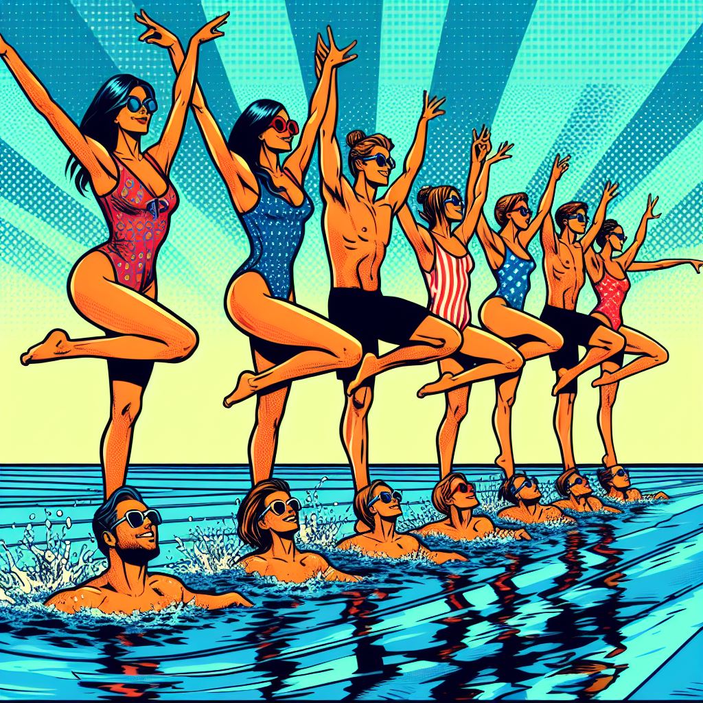 A group of friends doing synchronized swimming - Pop art style