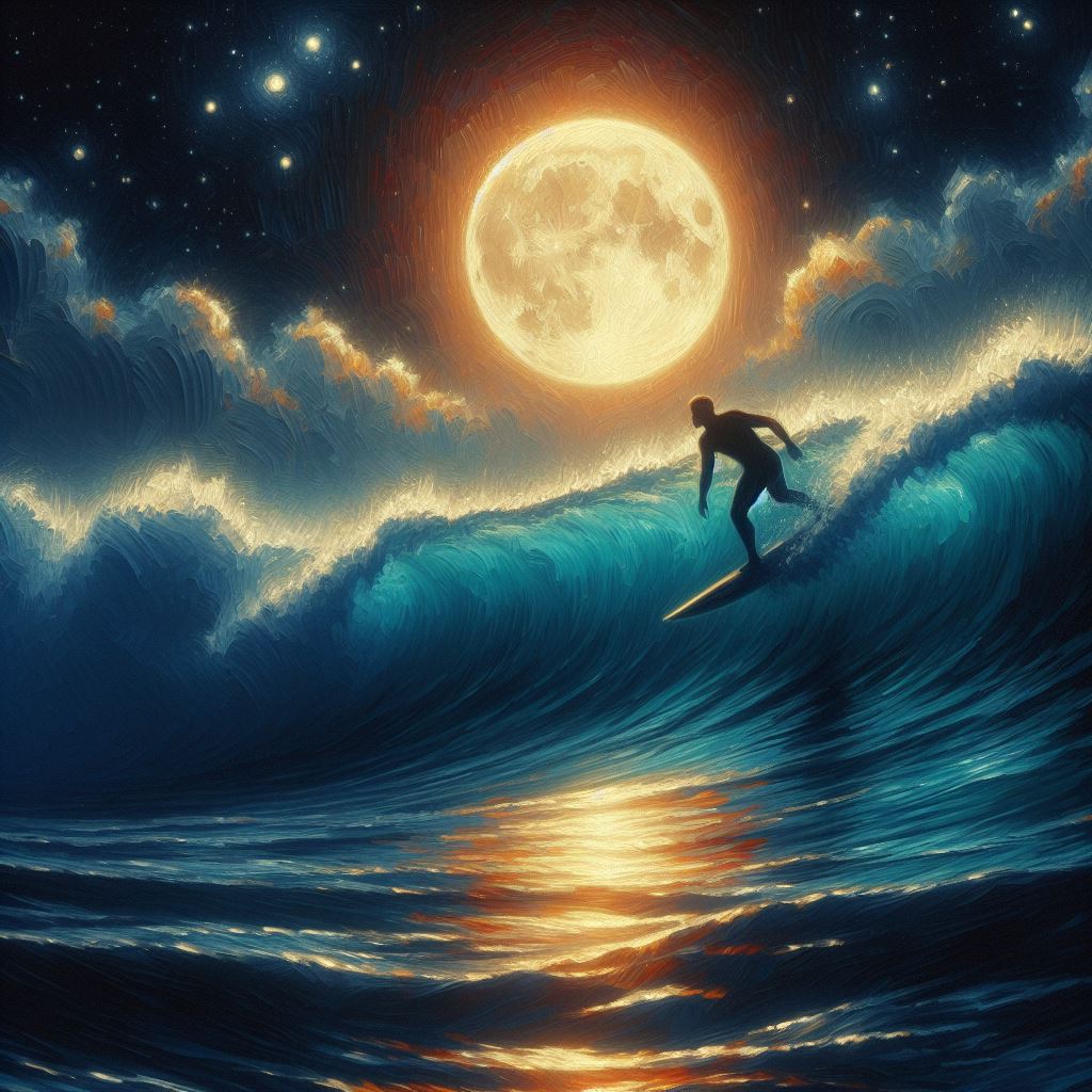 A surfer riding a wave under a full moon - Oil painting style